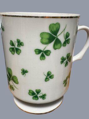 Vintage Lefton China Shamrock Mug With Gold Trim Hand-Painted Irish Clover Desig